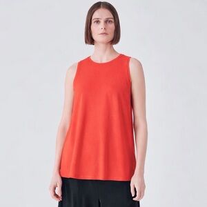 EILEEN FISHER NWT M Fine Jersey Crew Neck Long Tank in Flame • Sleeveless Top